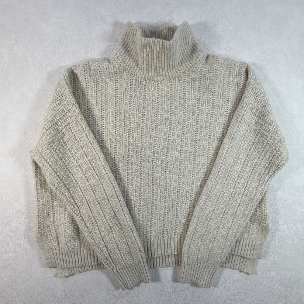 REI Co-op Womens Large Knit Wool Blend Turtleneck Crop Sweater Beige Textured